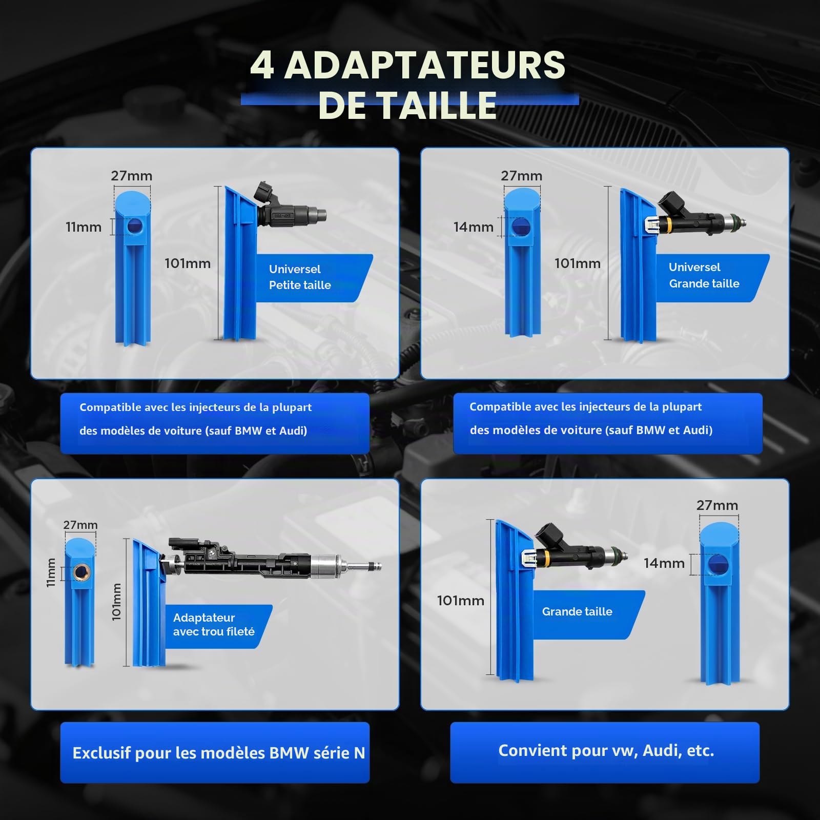 MRCARTOOL Testeur d'injecteur de Carburant pour Automobile 12V avec 4 Adaptateur de Nettoyage et 8 Modes d'impulsion pour Injecteurs de Carburant EFI GDI, Test Synchrone de 2 Injecteurs