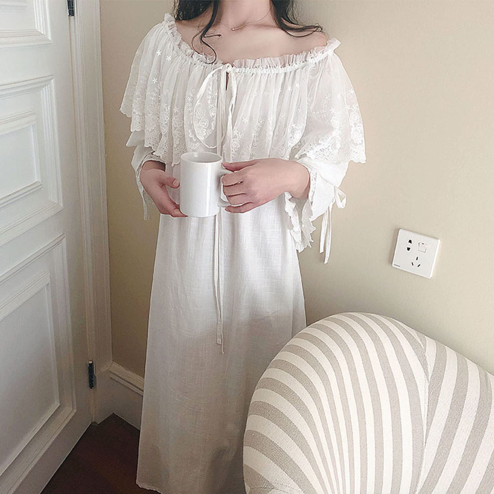OFFSUM Camicia da Notte Donna - Sweet Princess Vintage Palace Style Tinta Unita Girocollo Abito Camicia da Notte Cotone Primavera Estate Camicia da Notte Loungewear