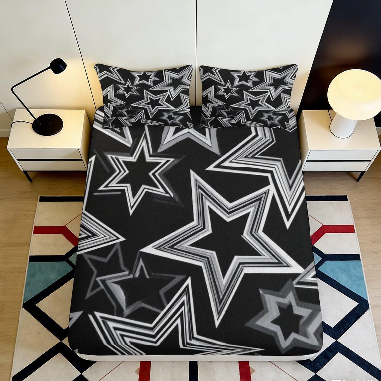 3D Printed Monochrome Stars Fitted Sheet Microfiber Soft Breathable Geometric Bed Cover for Bedroom Dorm Decor 90x200x25cm