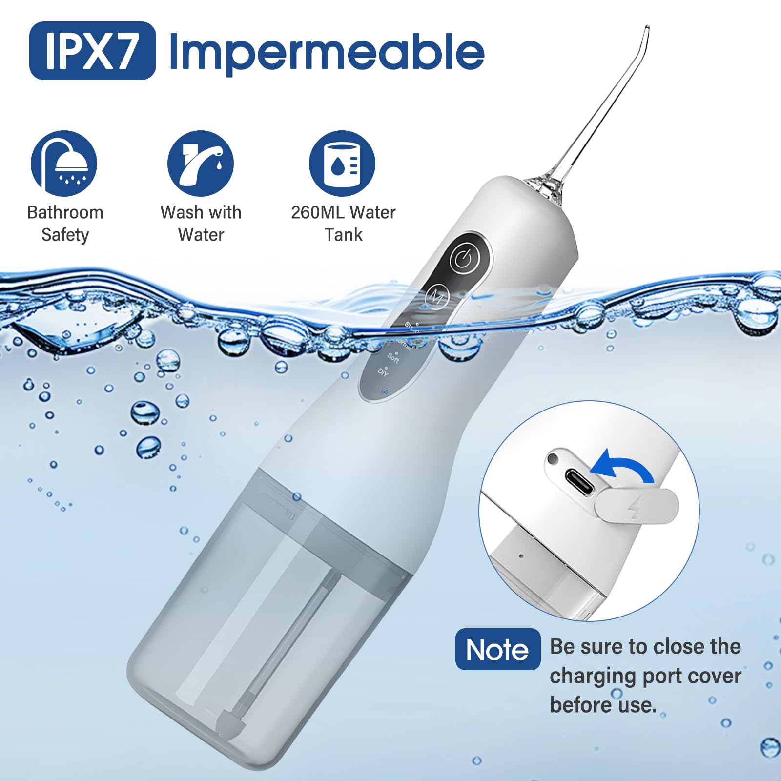 Munddusche Kabellos Elektrischer, Professional Water Flosser, 4 Modi & 4 Düsen, IPX7 Wasserdicht, 1300mAh USB-C Wiederaufladbare Wasser Flosser, 260ML Zahnzwischenraumreiniger Elektrisch