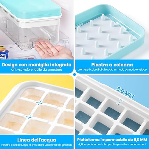 Miniatura 3 de Bandeja para cubitos de hielo con tapa y contenedor, 32 moldes para cubitos de hielo, bandejas de hielo para congelador, molde de bandeja para
