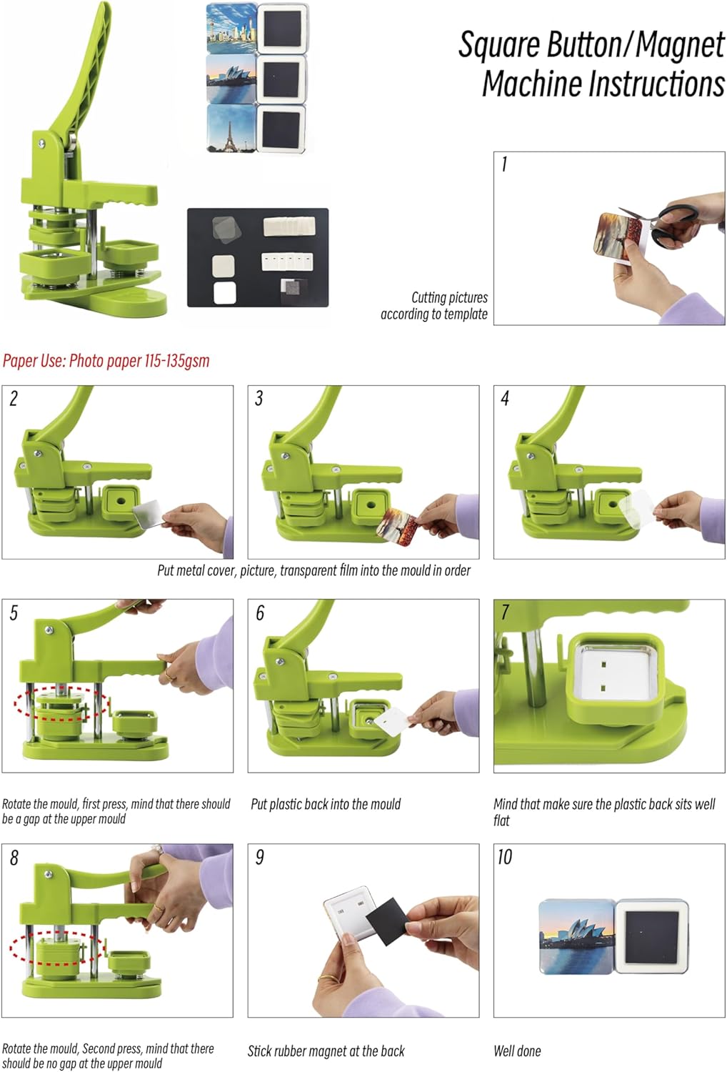 Square-Shaped Button Maker Machine,50mm/1.97 inch Square Fridge Magnet Maker Kit with 100 Sets of Refrigerator Magnet Supplies