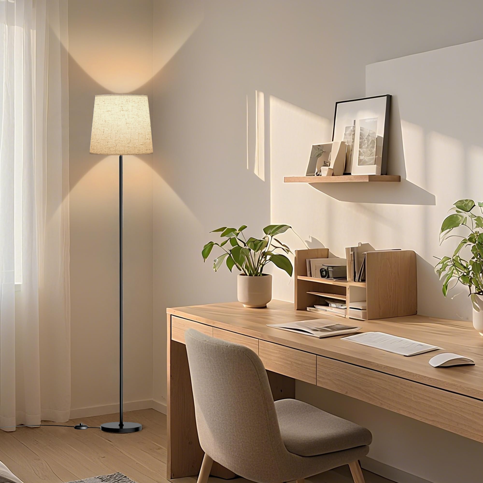 SIBRILLE Lampada da Terra Salotto, 9W con Telecomando e Interruttore a Pedale, 3000K-6000K Lampada da Lettura LED con E27 Lampadina, Lampade da Terra per Camera da Letto e Ufficio, Paralume in Lino