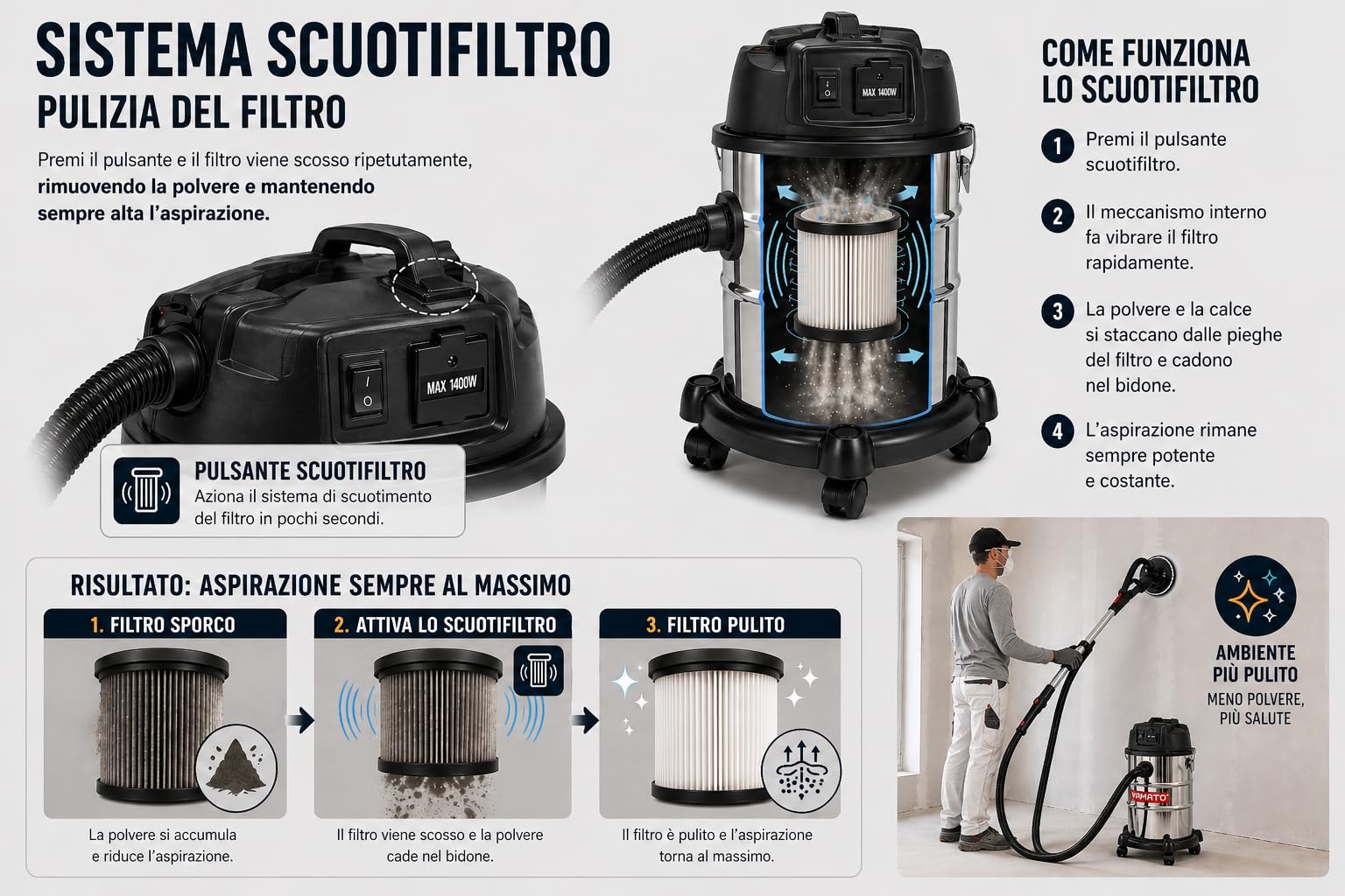 Salone Negozio Online Bidone aspiratore 30 LT per Giraffa levigatrice solidi e liquidi con scuotifiltro specifico per polveri carpenteria