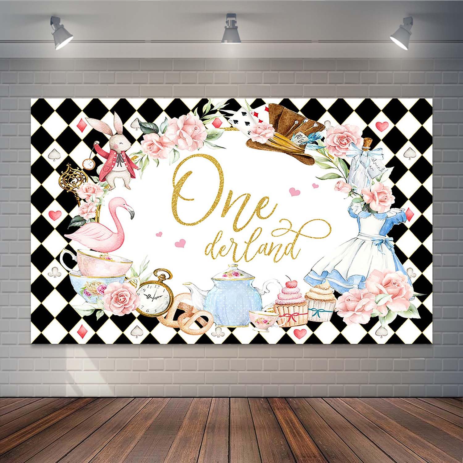 Joliaco Onederland 1st Birthday Backdrop Black Gold Floral Tea Party Wonderland Photo Background Gilrs Happy First Birthday Cake Table Banner Party