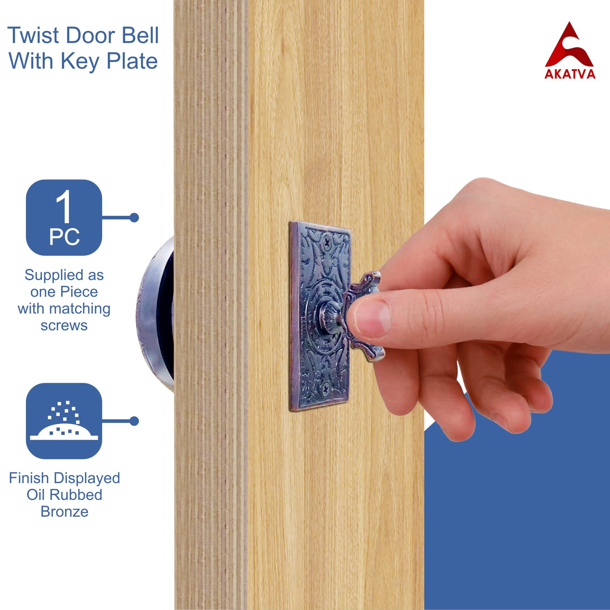 Akatva Vintage Twist Doorbell With Key Plate – Longer Shaft, Solid Brass, Oil-Rubbed Bronze Finish, Mechanical Chime, No Wiring Needed, Victorian Style