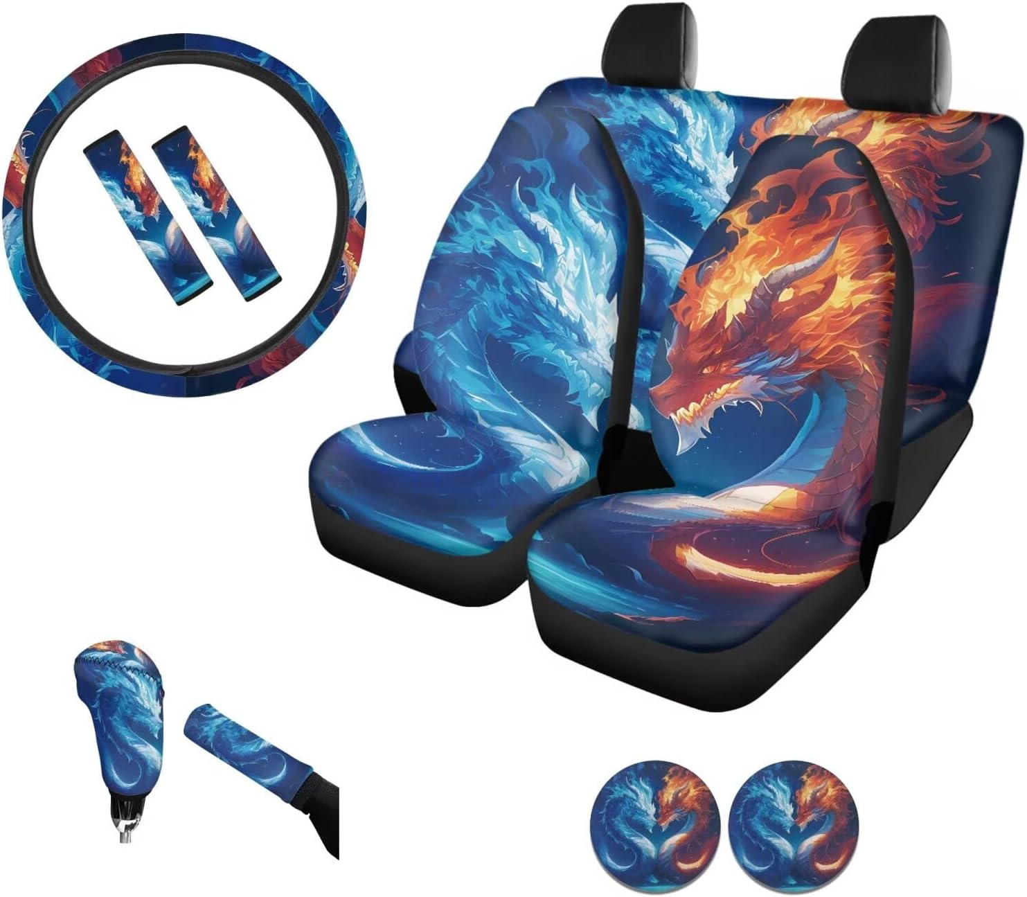 GIFTPUZZ Purple Dragon 11-Piece Car Interior Accessories Set Front & Back Seat Protectors with Seat Belt Pads, Coasters, Steering Wheel Covers, Gear Shift Knob Cover & Handbrake Cover for SUV, Van