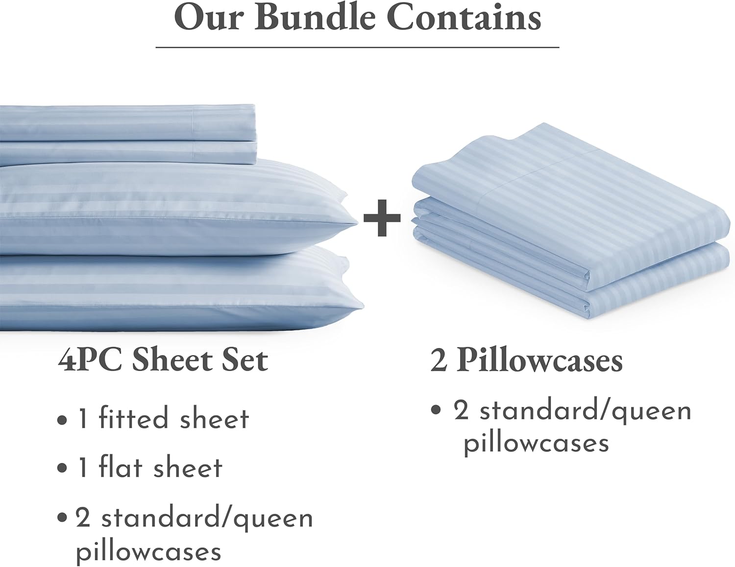 California Design Den Bedding Bundle - Queen Striped Sheet Set with 4 Pillowcases, 500 Thread Count, 100% Cotton Sateen (Light Blue Striped)