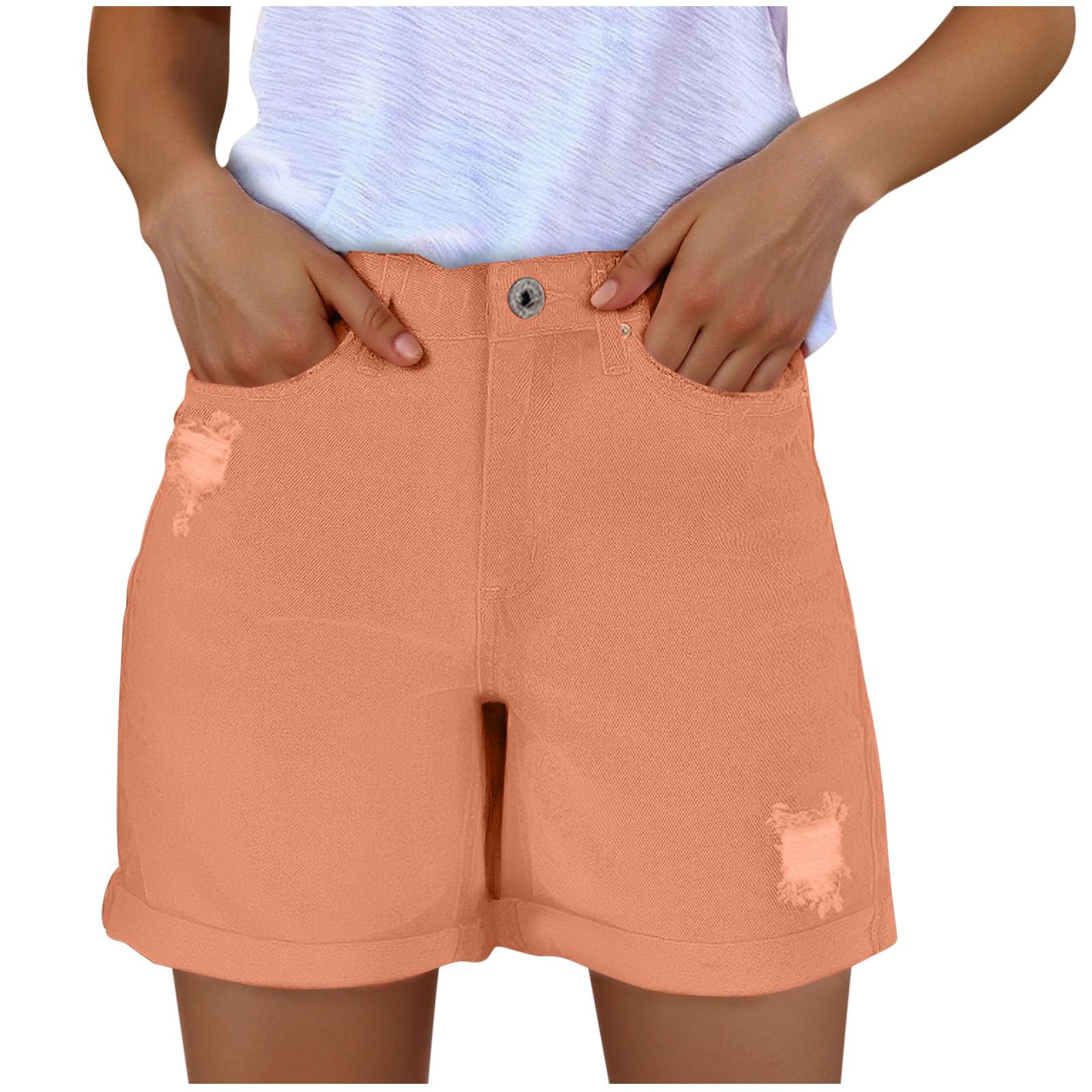 Jean Shorts for Women 2025 Trendy Elastic Waist Denim Short Pants Ripped Distressed Folded Hem Jorts with Pockets(Orange,Large)