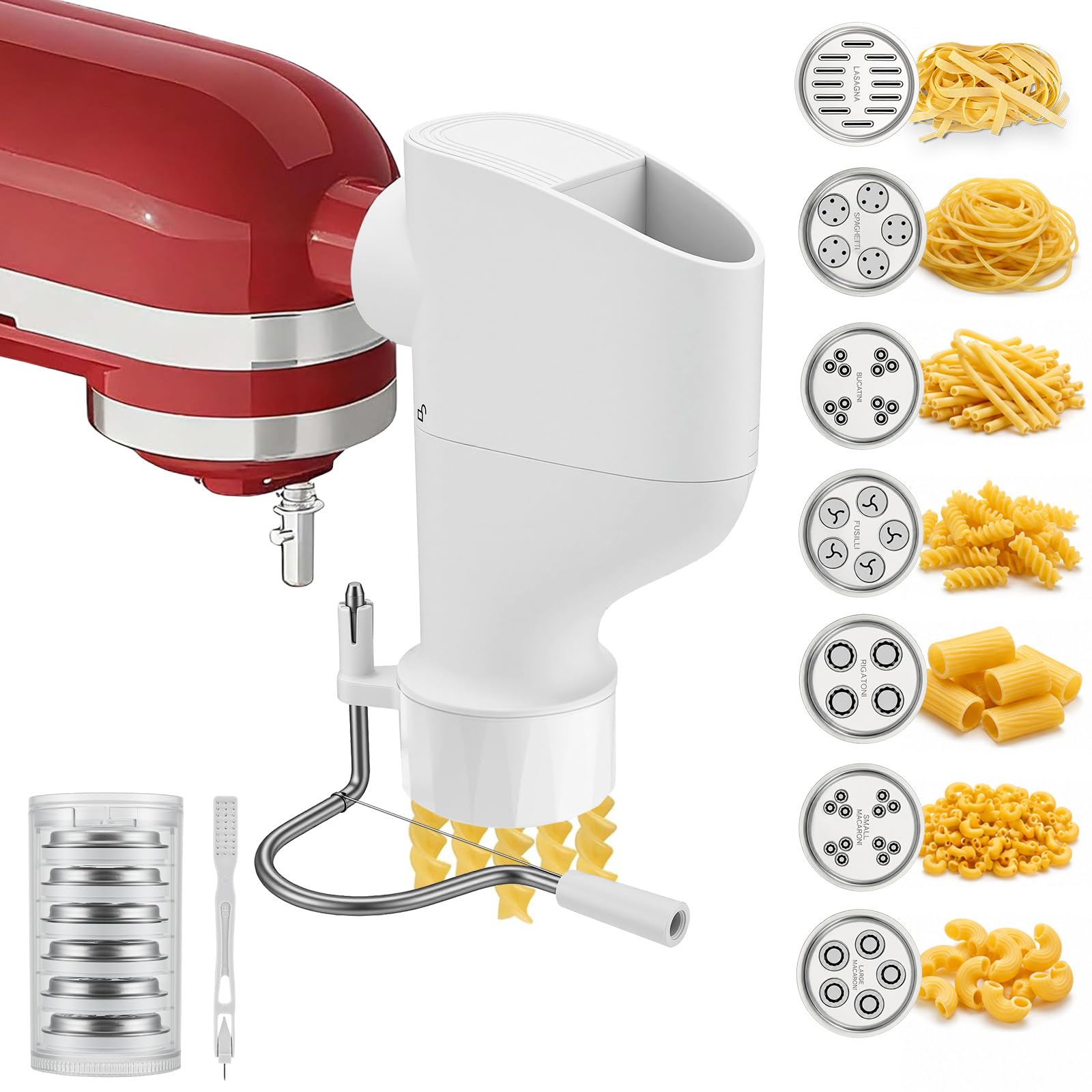 Aid Nudelaufsatz Set – Pasta Maker Aufsatz für Kitchenaid Standmixer, Nudelmaschine Kitchenaid mit 7 Formplatten für Selbstgemachte Spaghetti, Makkaroni, Fusilli & Mehr