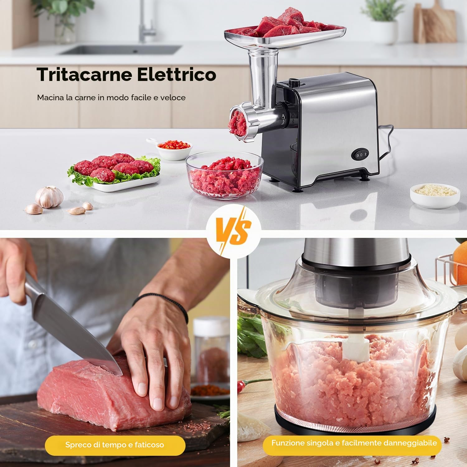 Yabano Tritacarne Elettrico 3 in 1, Macchina per Carne in Acciaio Inox con Accessorio per Salsicce, 3 Piastre di Macinatura, Accessorio per Kubbe e Tubo per Insaccare, per Casa e Cucina