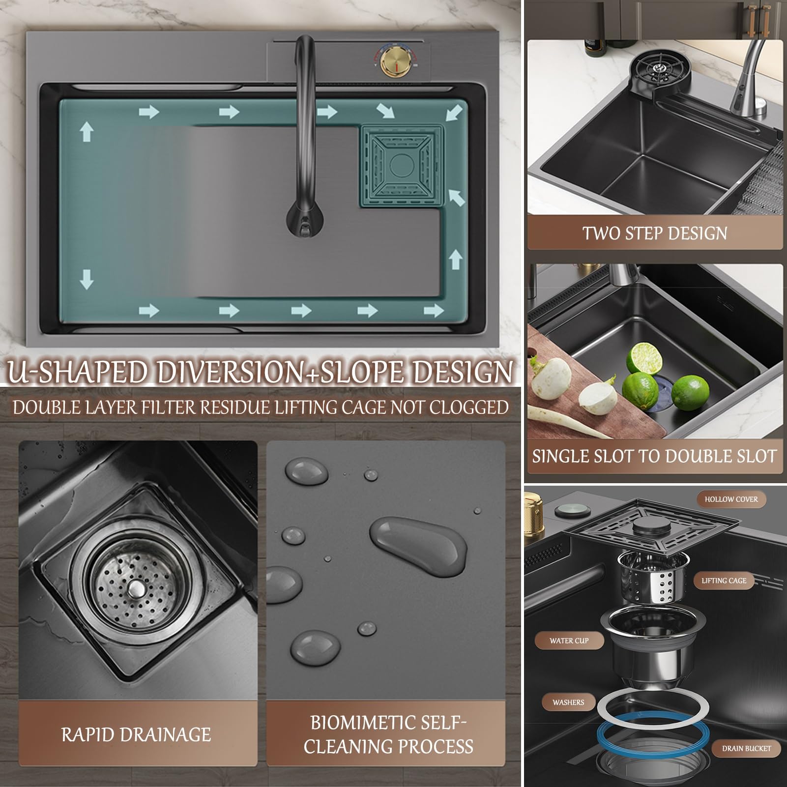 80x45cm Fregadero de cascada negro, fregadero de cocina multifuncional fregadero de acero inoxidable, 1 lavabo fregadero con grifo multifuncional y otros accesorios