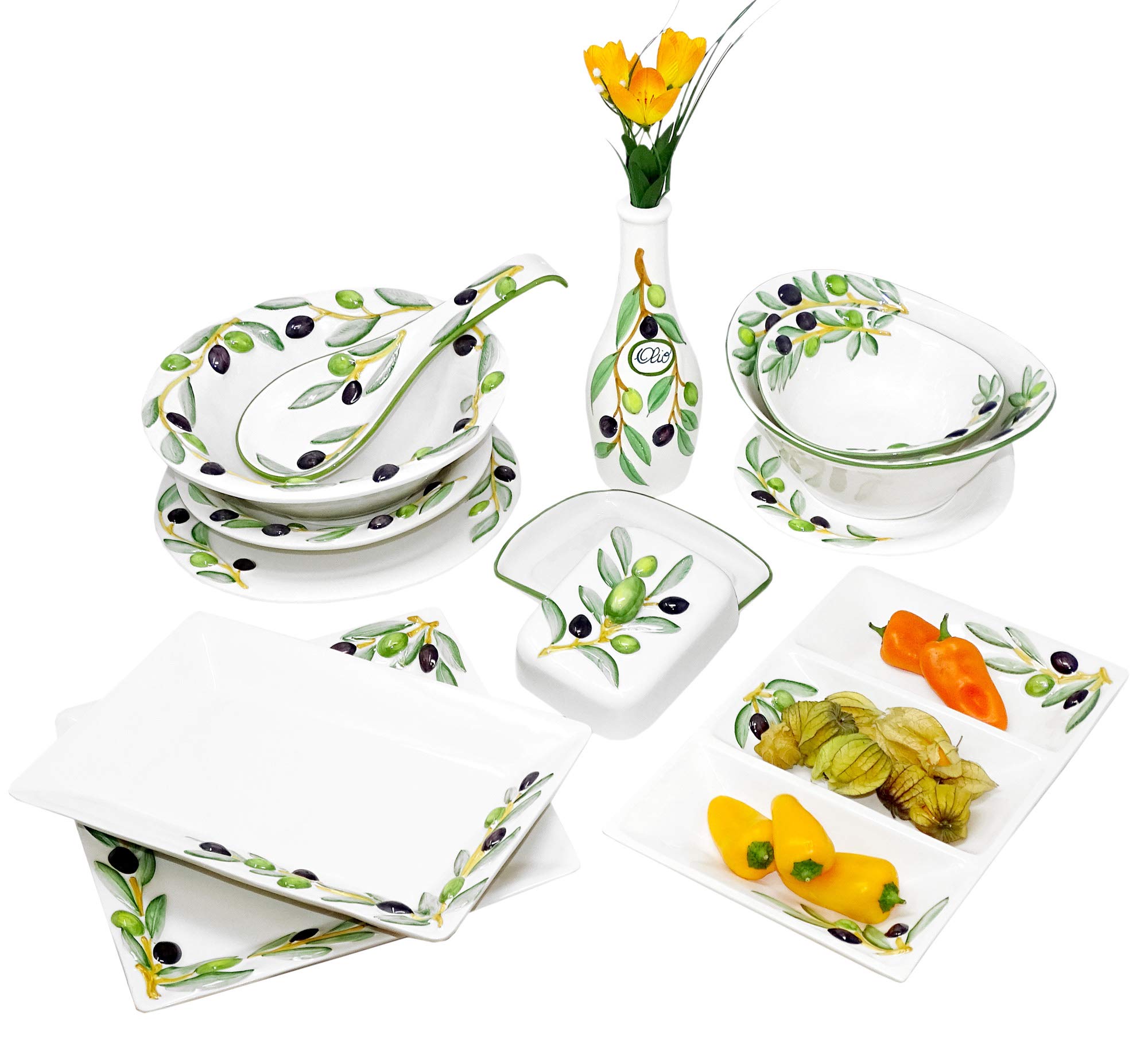 Lashuma 2er Set Handgearbeitete Ovale Keramikschale mit Olivenrelief 20 x 17 cm und Handbemalte Runde Salatschüssel 25 x 21 cm im Geschenkset