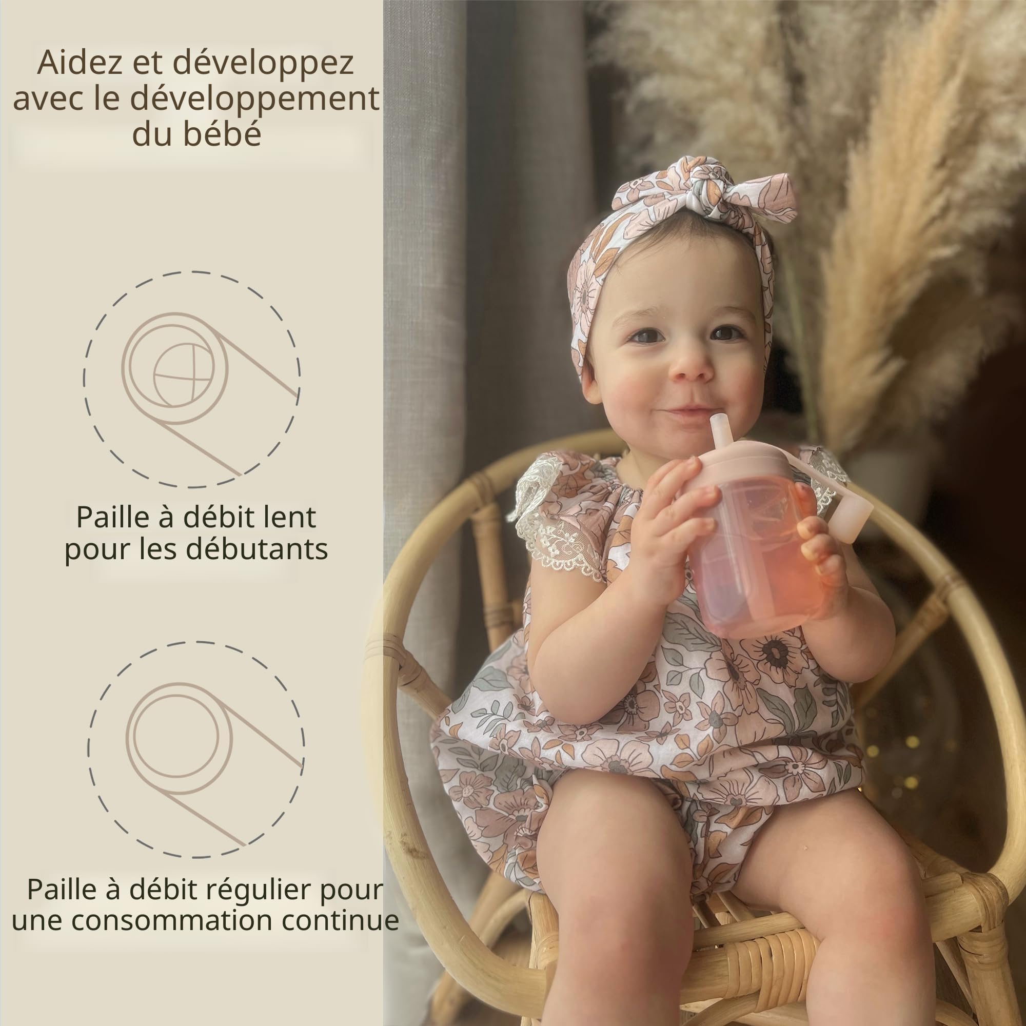 Moonkie Tasse Apprentissage Bebe, Tasse Paille Bebe en Silicone, Tasse Anti Fuite Bébé, sans BPA, Adapté au Lave-vaisselle, pour 6 Mois+, 5oz(Blush)