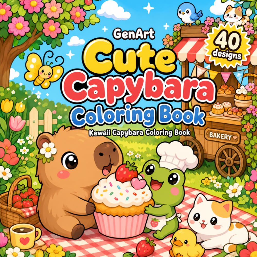 Cute Capybara Coloring Book: Adorable Kawaii Capybaras & Friends: 40 Cozy Coloring Pages for Kids and Capybara Lovers