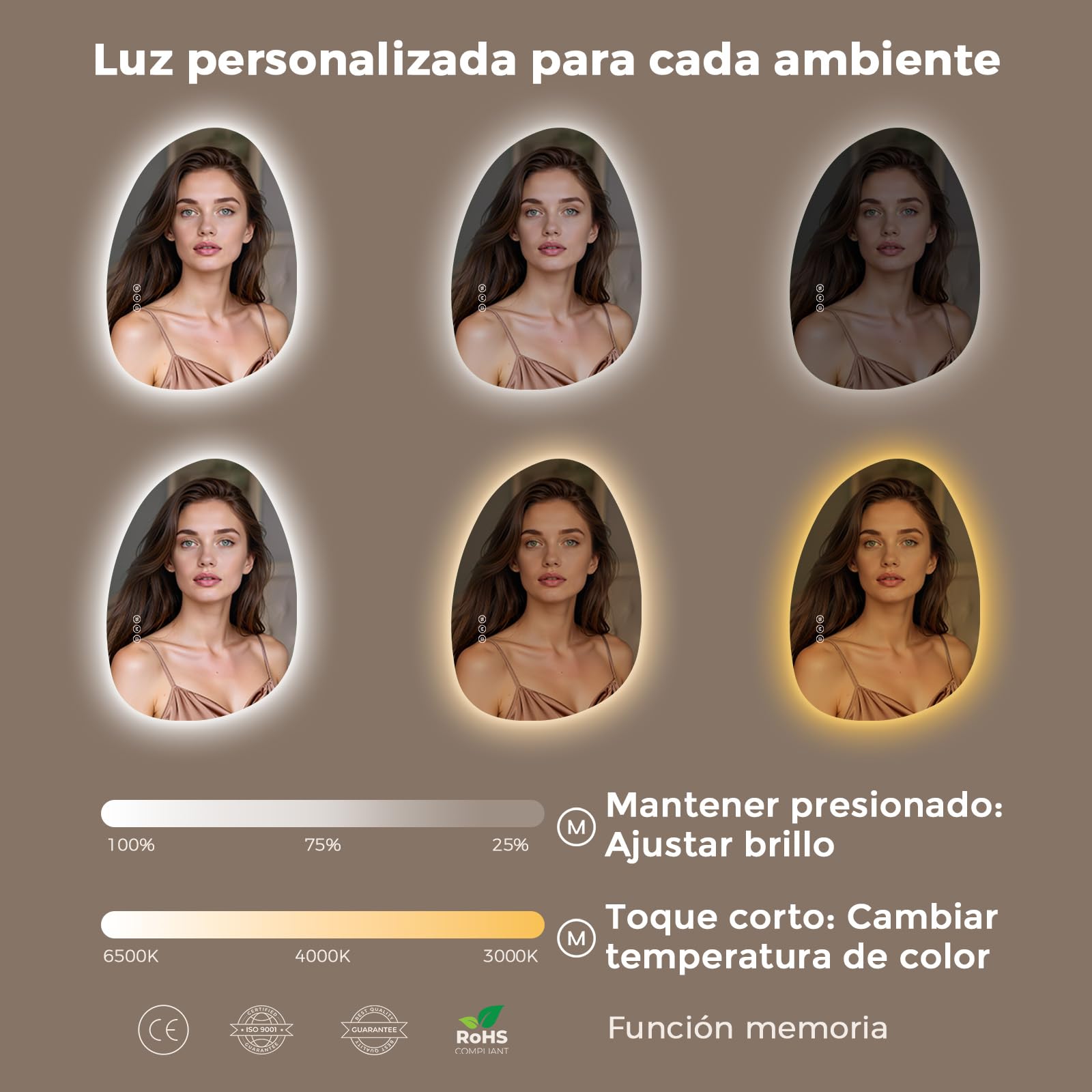 S'AFIELINA Espejo Baño con Luz LED Asimétrico e Irregular 60x45 cm | Espejos de Baño con LED Retroiluminado, Antivaho, Botón Táctil, Regulable, 3 Tonos de Luz, Montaje Horizontal o Vertical