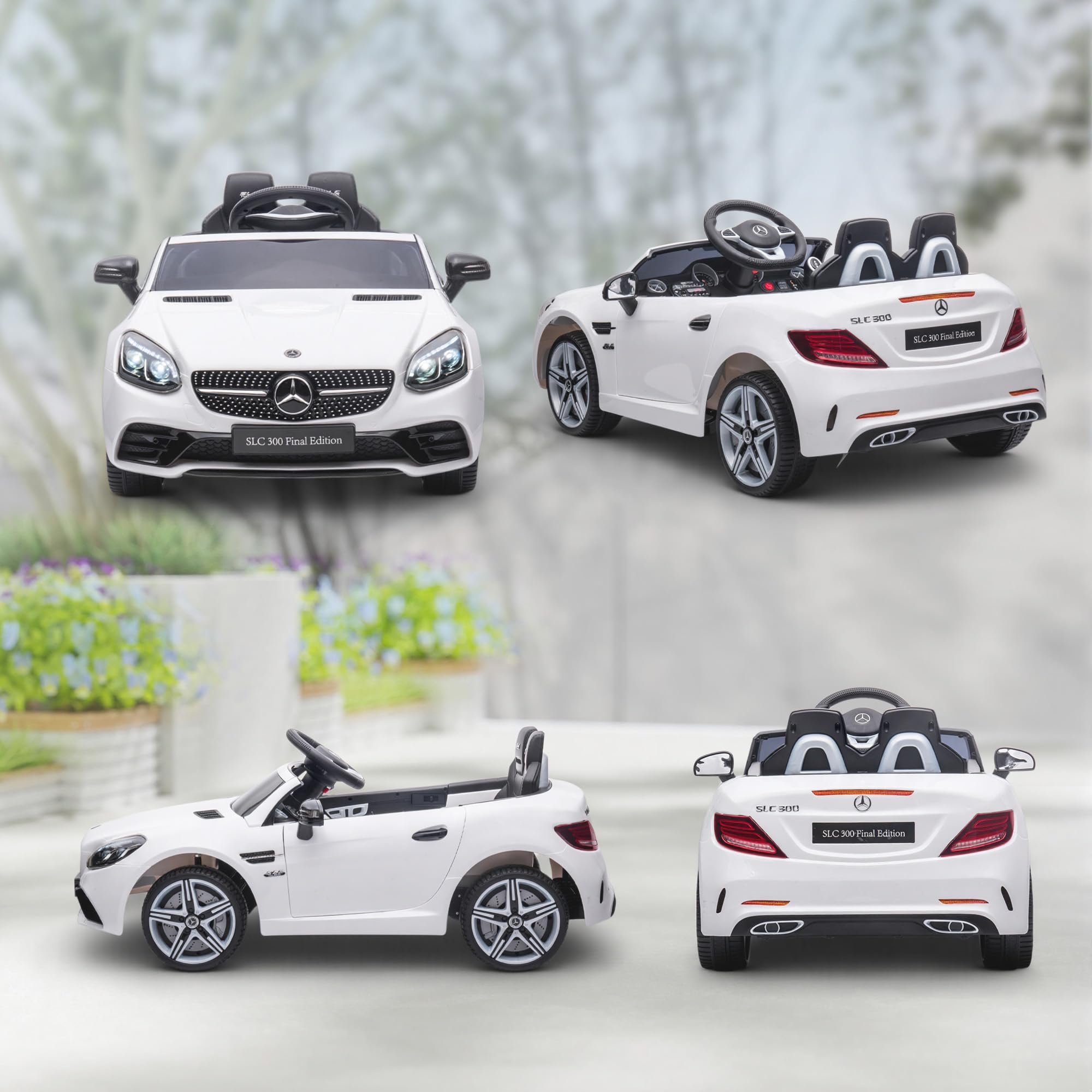 AIYAPLAY Samochód elektryczny dla dzieci Mercedes SLC 300 12V Biały | 5 km/h, efekty dźwiękowe + światło, pilot dla rodziców 2,4G, pojazd elektryczny dla dzieci 3-6 lat
