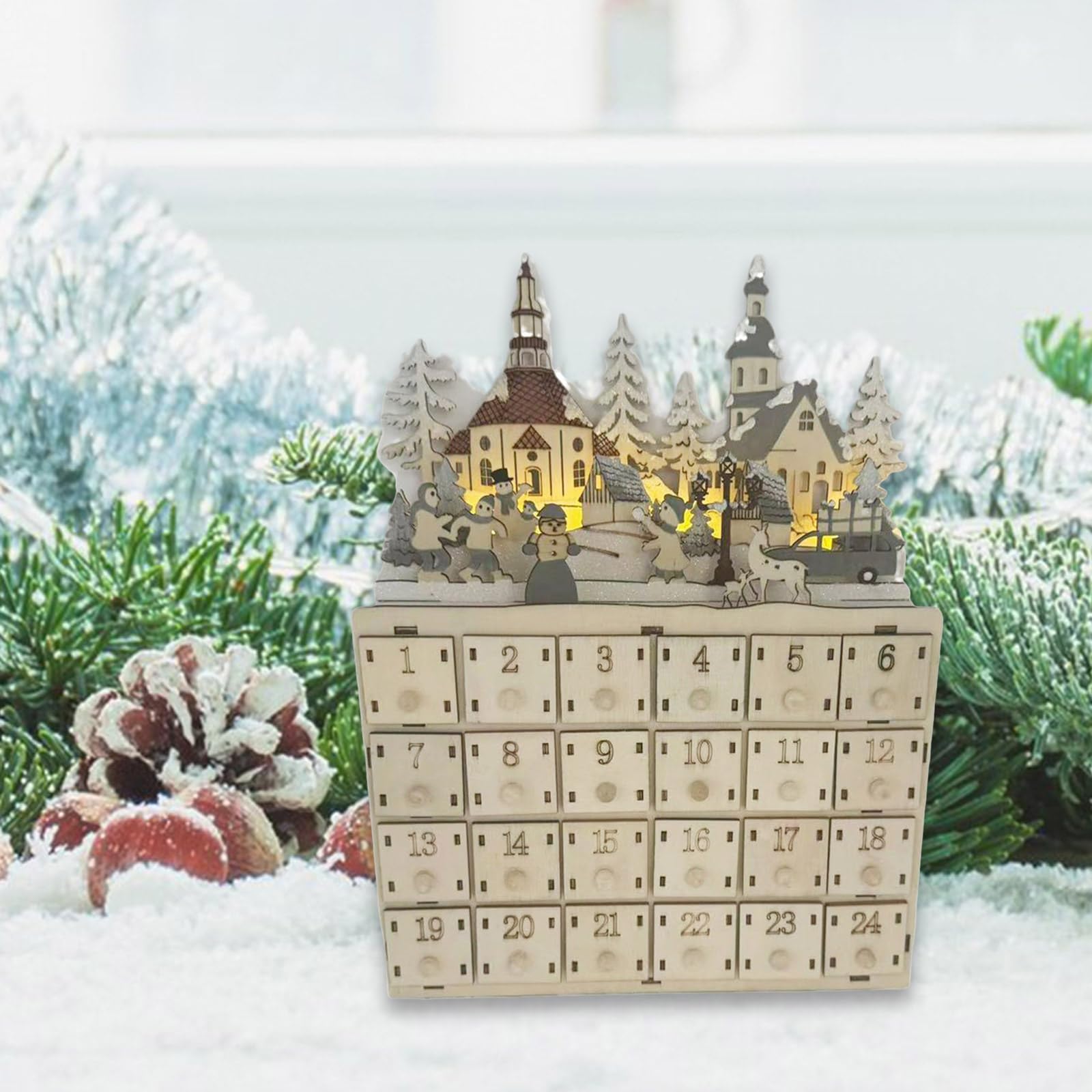 LED-beleuchteter Adventskalender aus Holz mit 24 Schubladen, Countdown-Kalender, Schreibtischdekoration, einzigartiger Weihnachtsfeiertag