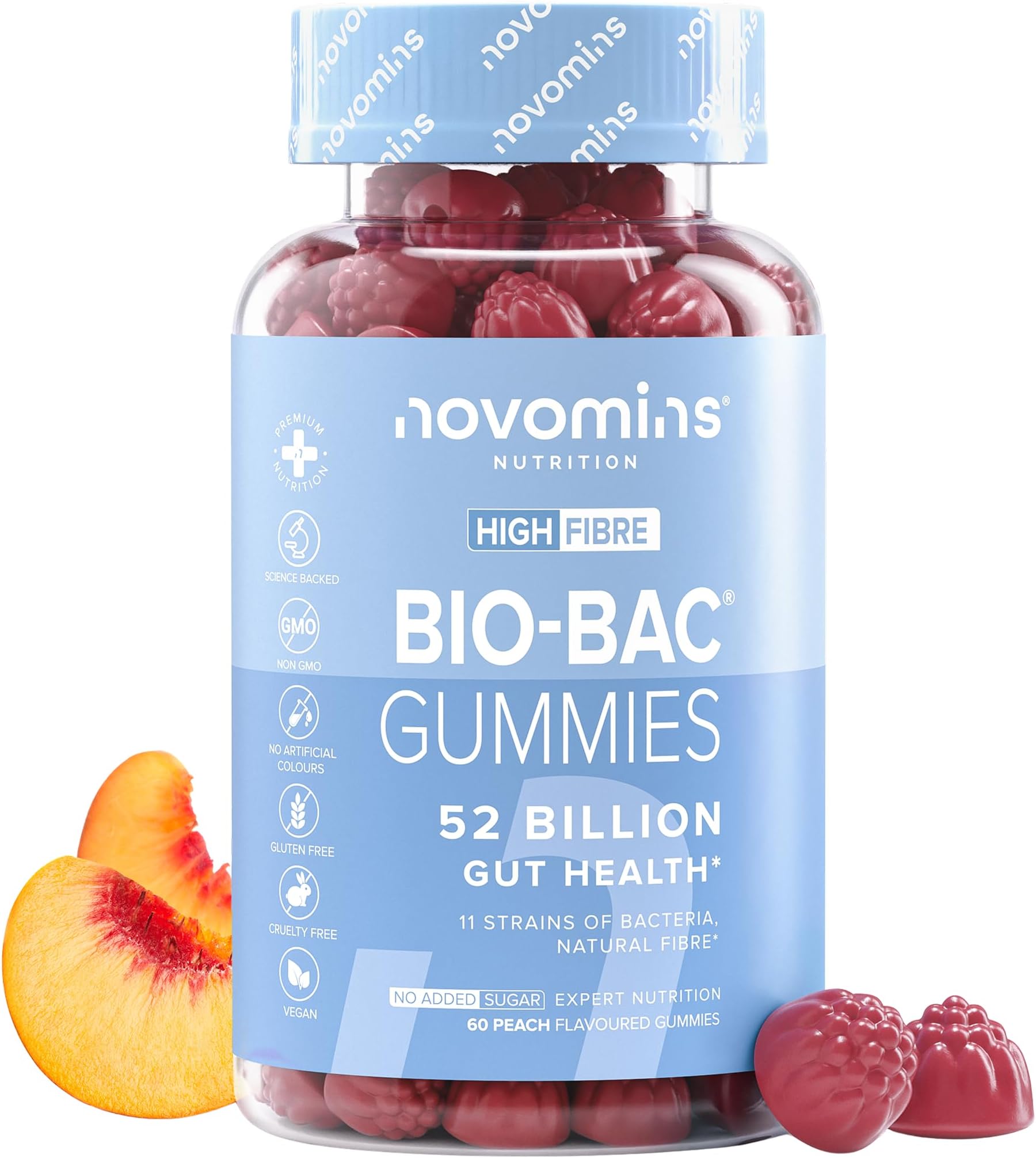 Probiotic Gummies – Bio-Bac 52 Billion CFU Probiotics for Gut Health 11 Strains of Live Bacteria - Pro Biotics for Gut Health Probiotic Supplements for Men and Women - Novomins
