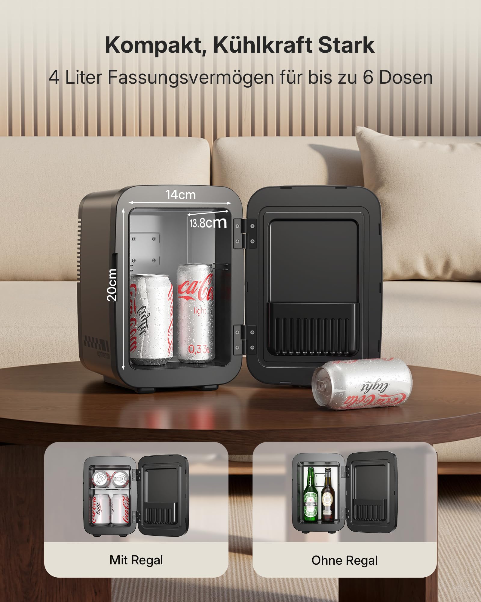 Upstreman Mini Kühlschrank Gaming 4L / 6 Dosen, Schwarz, TR4-Up | 7 Farben LED, Kühlen & Warmhalten Minikühlschrank, 12V/220V, Mini Kühlschrank Red Bull, Schlafsaal, Büro & Auto