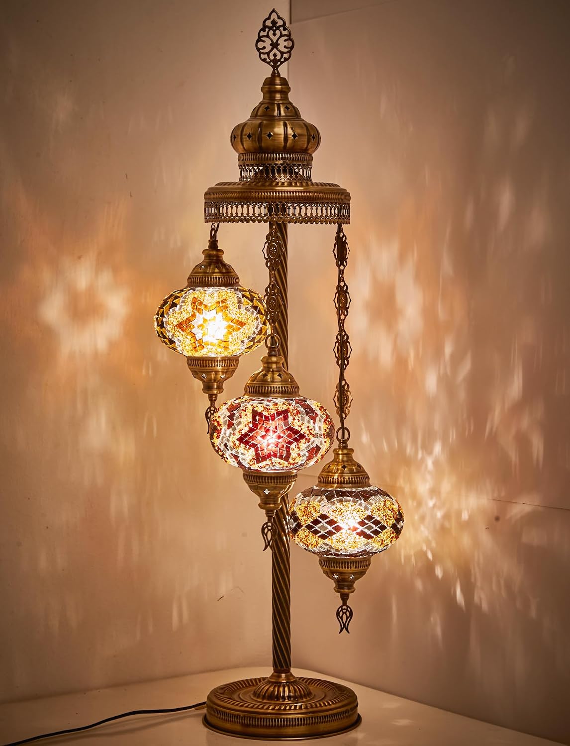 DEMMEX Turkish Moroccan Mosaic Floor & Table Lamp – Handmade Boho Tiffany-Style Light, 3 Large 7" Globes, Artisan Decor, 37" (95cm) Tall, Antique Brass Finish, North American Use (Brown Black Amber)