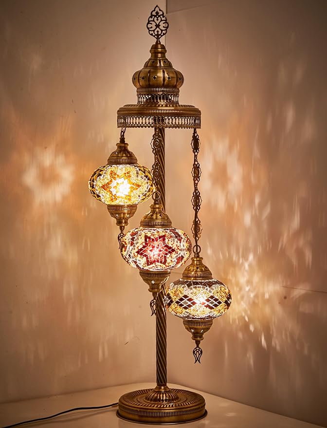 DEMMEX DEMMEX Turkish Moroccan Mosaic Floor & Table Lamp – Handmade Boho Tiffany-Style Light, 3 Large 7" Globes, Artisan Decor, 37" (95cm) Tall, Antique Brass Finish, North American Use (Brown Black Amber) photo 2