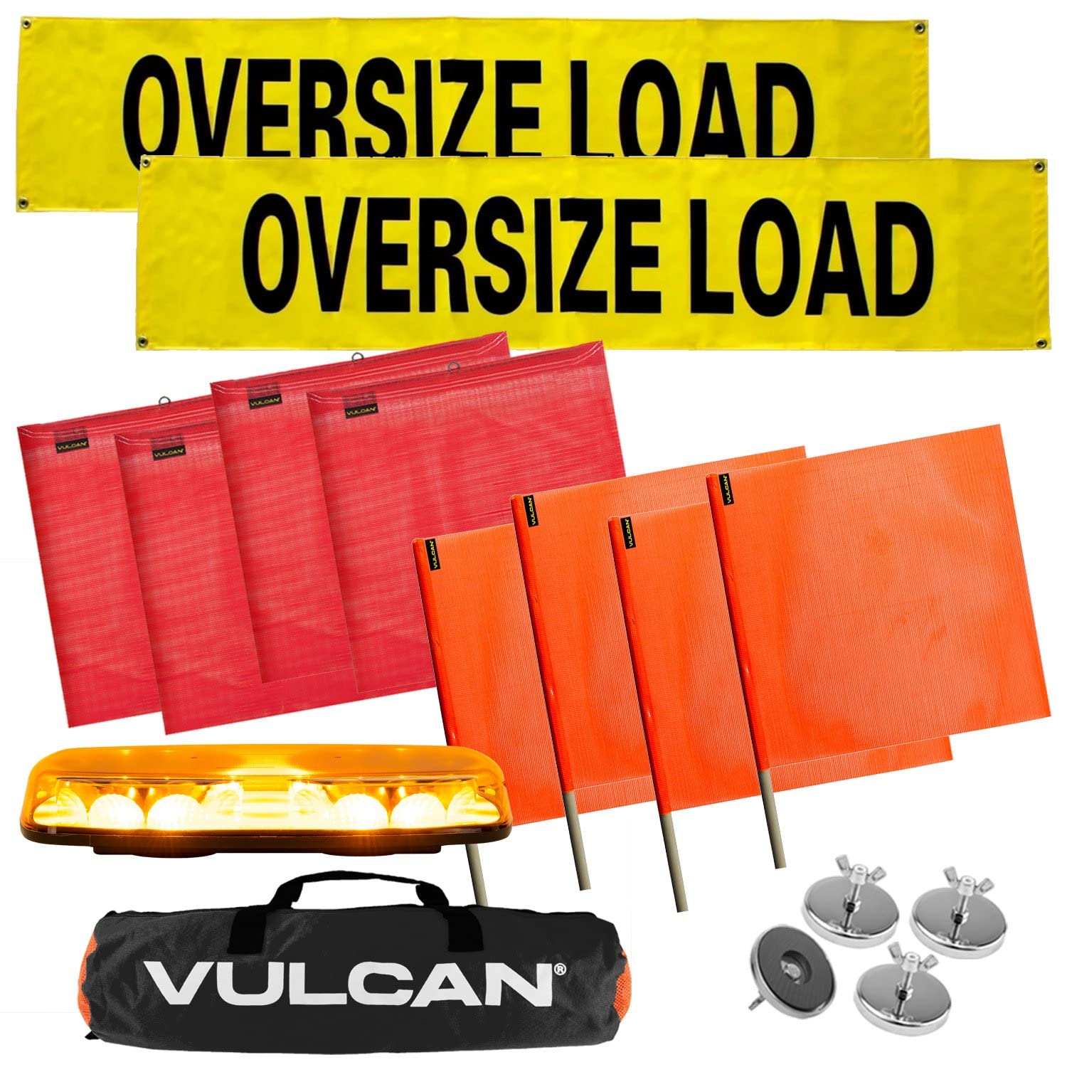 Amazon.com: VULCAN Pilot Car Kit - Includes 2 Solid Oversized Load Banners,  1 Magnetic Amber LED Mini Light Bar, 8 Magnets, 4 Red Flags, and 4 Orange  Flags : Industrial & Scientific