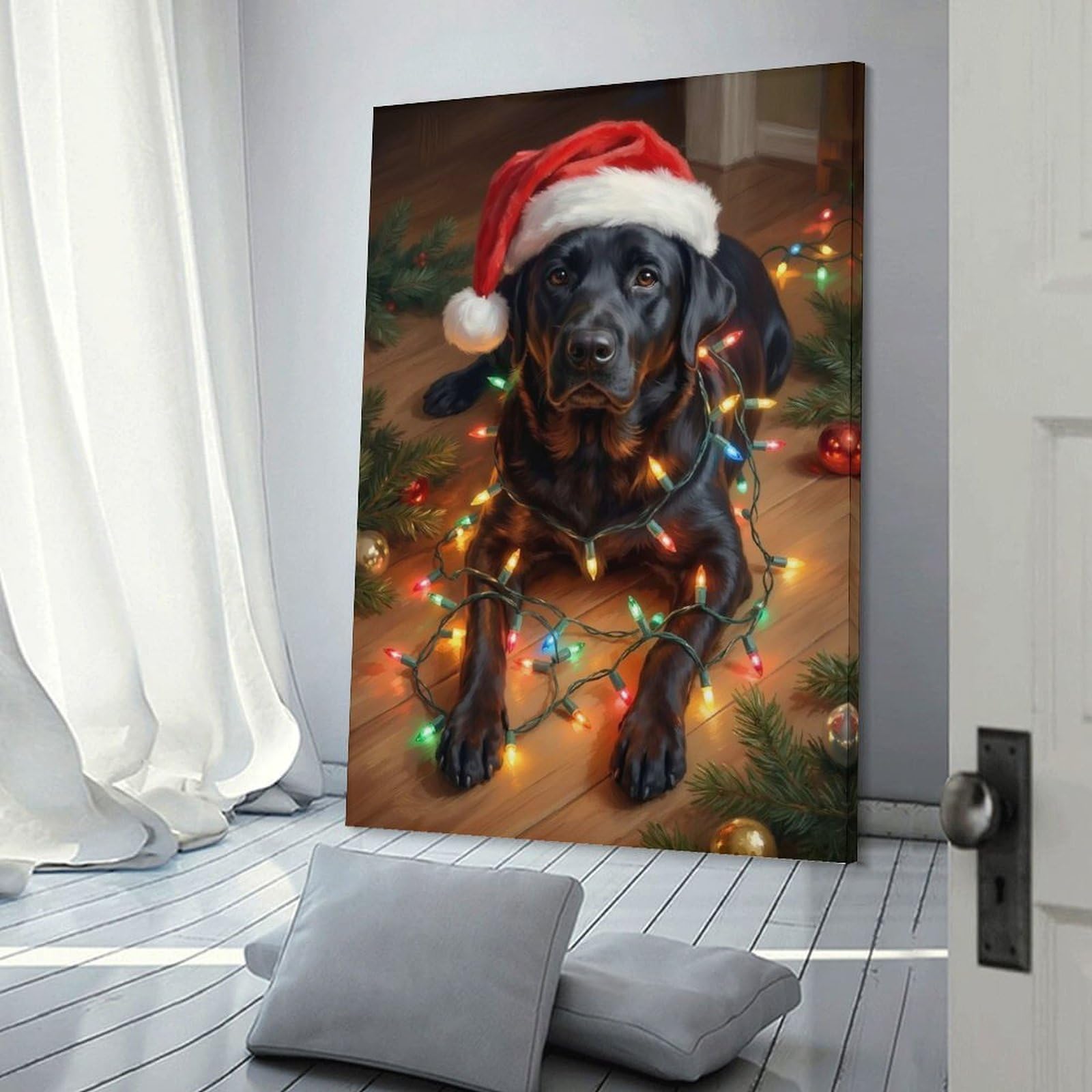 Junmoney Christmas Labrador with Lights And Hat Decorative Canvas Print 12x18inch(30x45cm), for Study, Office Or Focused Interiors, Wall Art That Adds Style to Work Areas