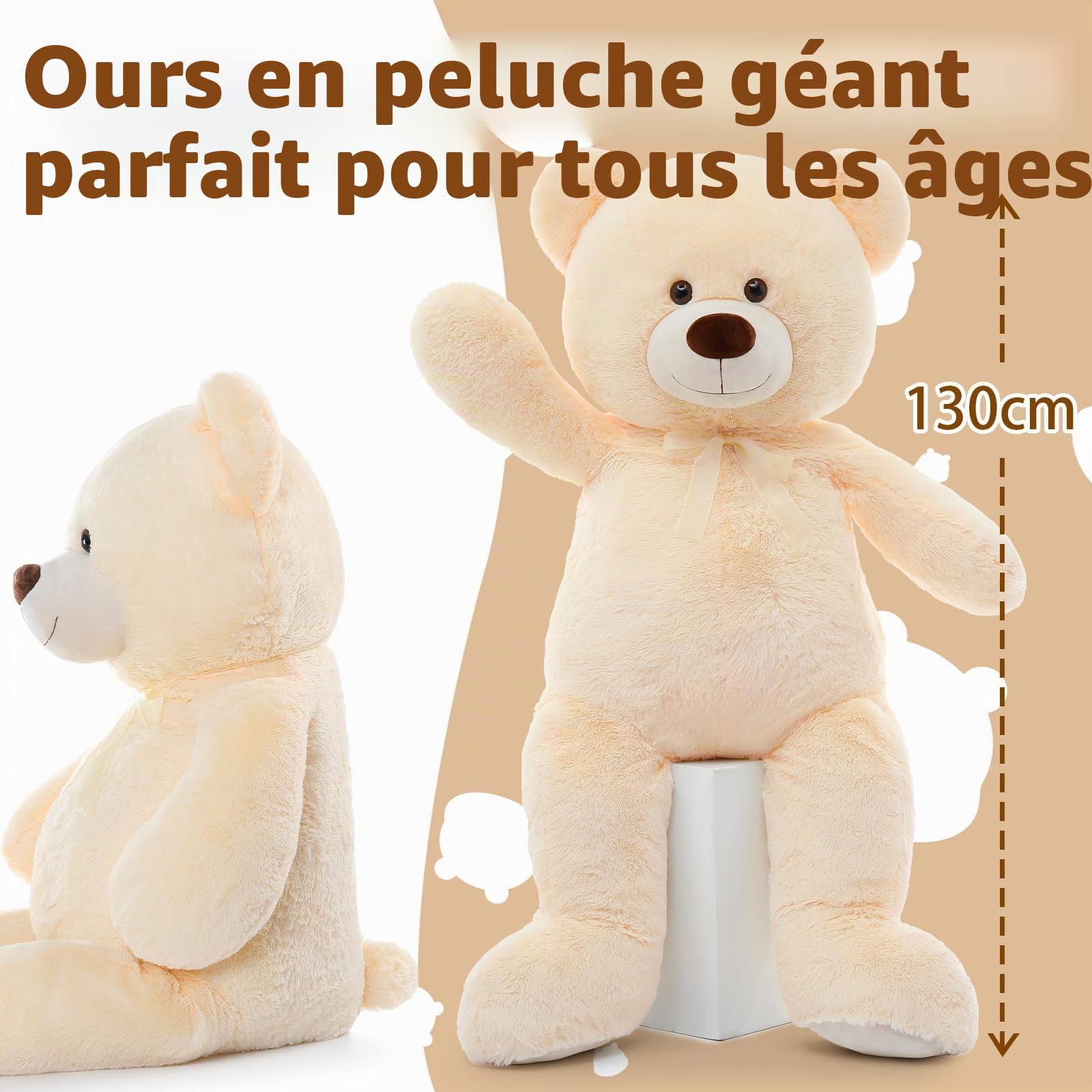 MorisMos Ours en Peluche Nounours Geant 130cm, Gros Doudou Teddy Bear Geante XXL Beige Mignonne,Cadeaux de Noël, Idée Cadeau Saint Valentin pour Femme Enfant Filles Amie Anniversaire Fête