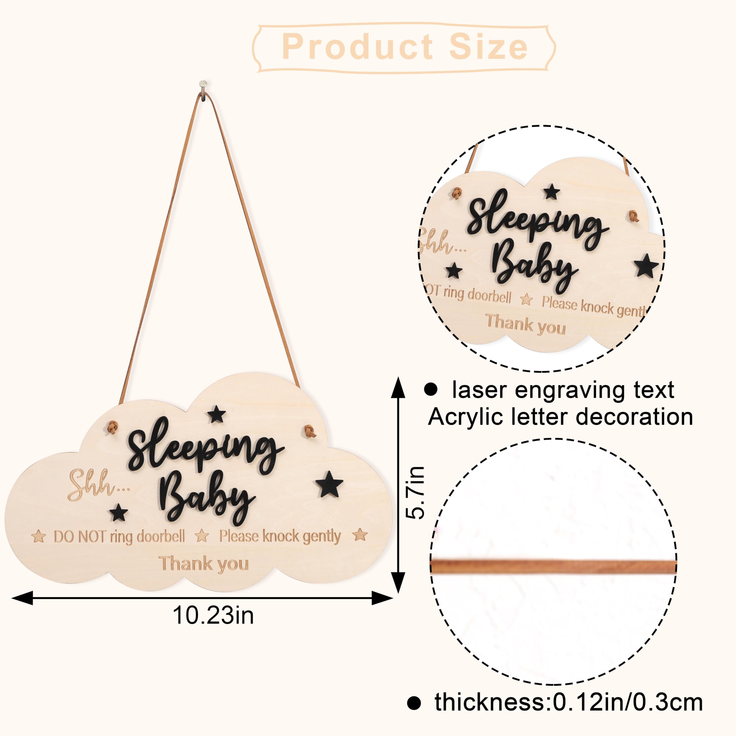 Shhh Baby Sleeping Sign for Front Door - Do Not Ring Doorbell, Plaque with Rope, No Knocking Door Sign, Home & Office Decorations, Baby Sleeping Door Sign