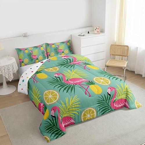 Miniatura 4 de Erisebridal - Juego de edredón de flamenco rosa para niñas, juego de ropa de cama de hojas de palma tropical, relleno de edredón botánico verde,