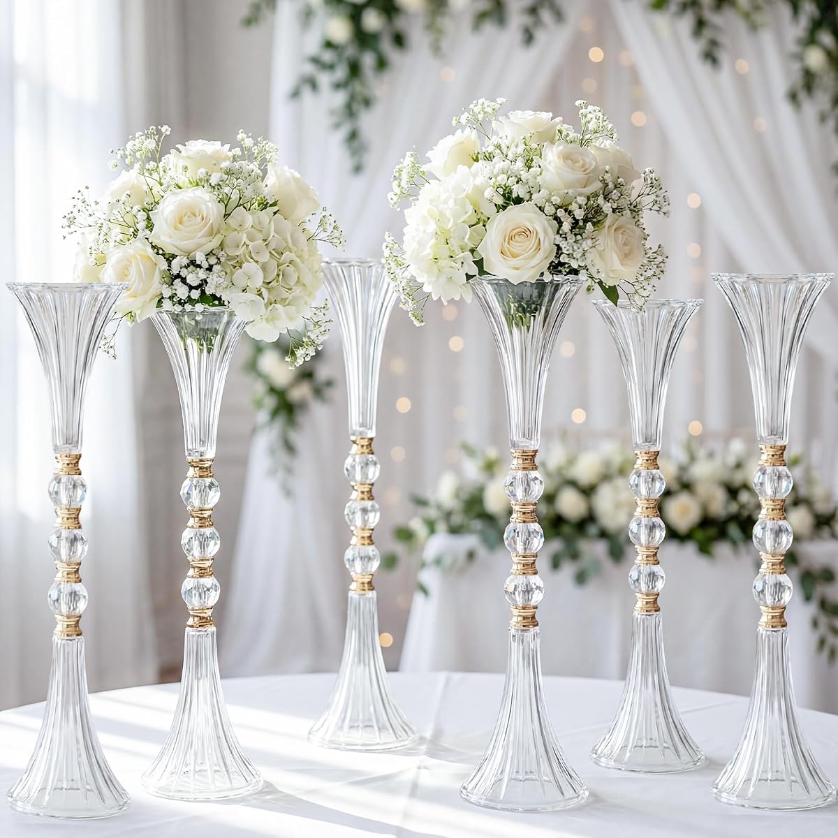 Xuhal 6pcs 24.8" Tall Crystal Acrylic Trumpet Vase for Centerpieces Wedding | Clear Tall Flower Vase with Gold Accents for Wedding Adjustable Table Centerpieces Boho Decor Dining Room Home Decorations