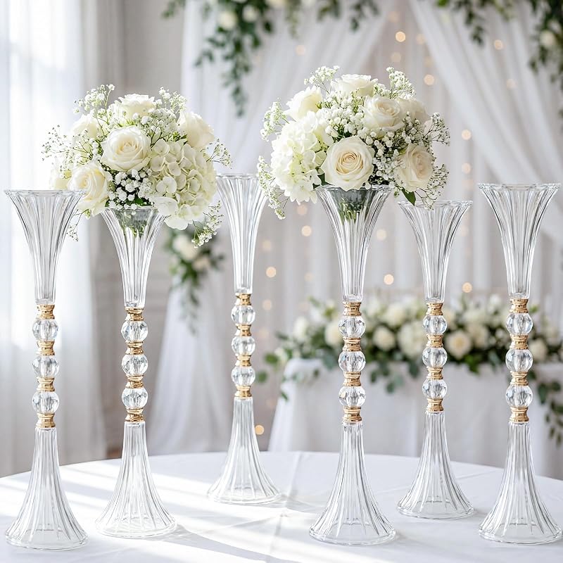 Xuhal 6pcs 24.8" Tall Crystal Acrylic Trumpet Vase for Centerpieces Wedding | Clear Tall Flower Vase with Gold Accents for Wedding Adjustable Table Centerpieces Boho Decor Dining Room Home Decorations