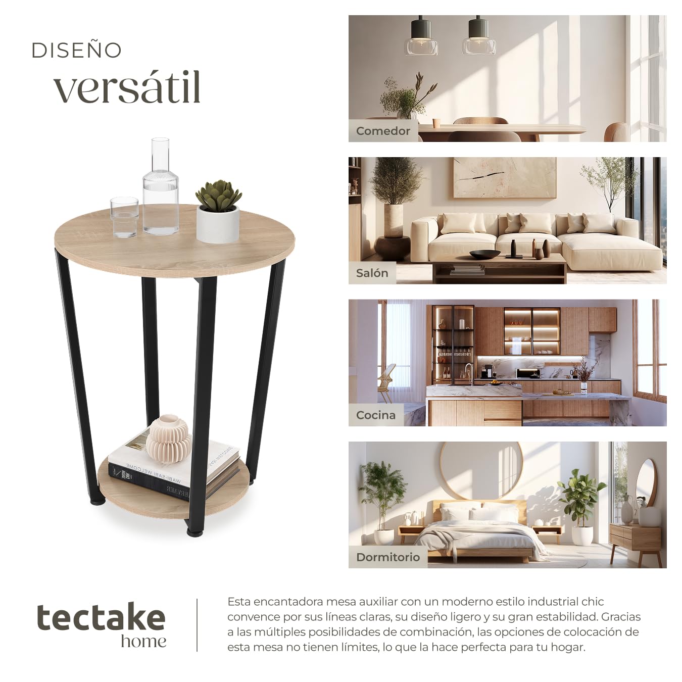 tectake® Mesa Auxiliar Redonda con Pies Ajustables, para Salon cómo Mesa de Centro o Dormitorio cómo Mesitas de Noche, Decoracion Hogar - 50 x 50 x 62,5 cm Madera Industrial Clara, Roble Sonoma