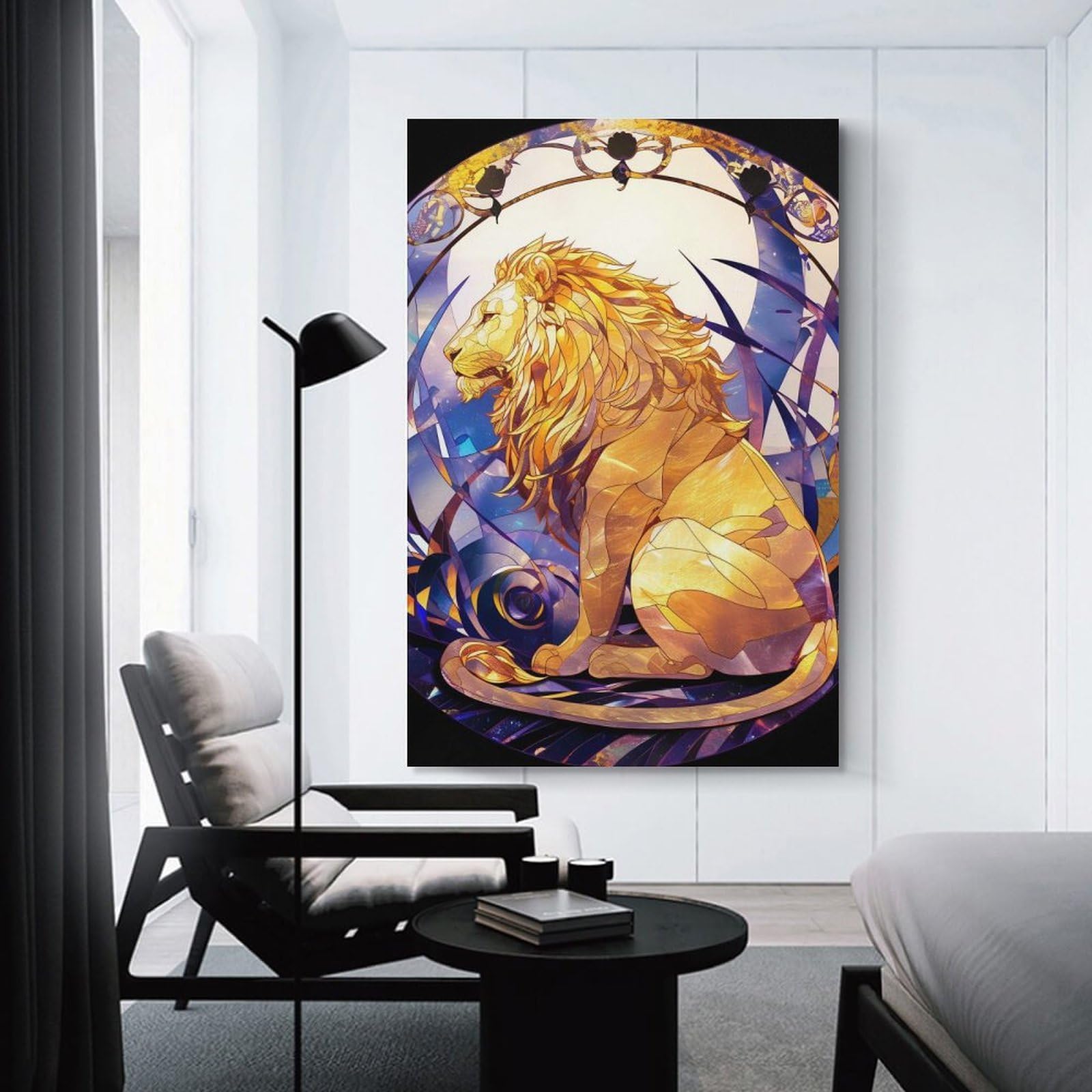 Junmoney Golden Lion in Stained Glass Style Canvas Wall Decor, 24x36inch(60x90cm), for Gallery Wall Decor And Room Displays, Wall Decor Suited to Curated Displays
