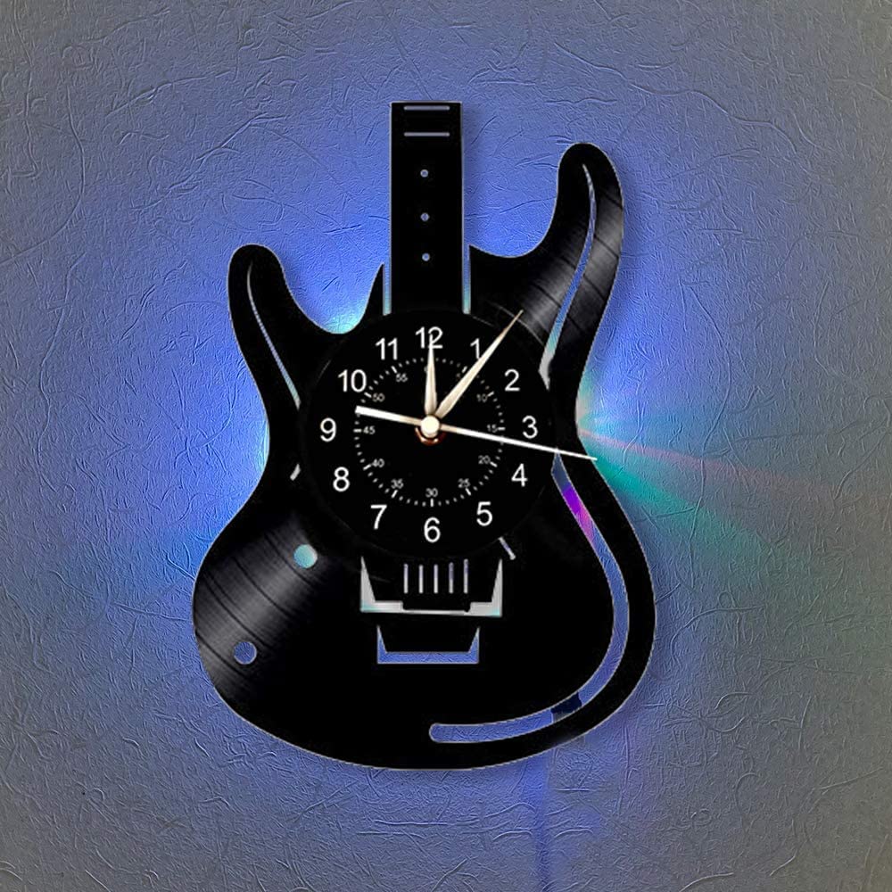 QianZhou-UkVinyl Wall Clock, Creative Guitar Gifts for Men 7 Color Night Lights Wall Clock Handmade Unique Birthday Christmas Music Lover Gifts