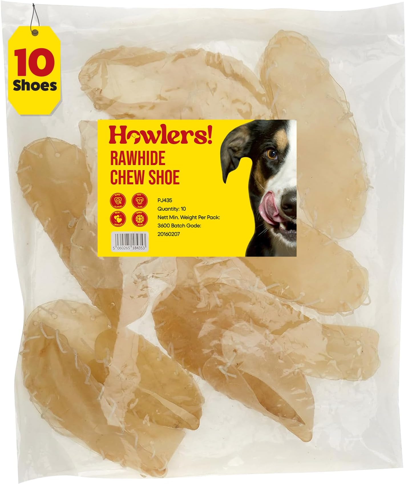 HOWLERS 20cm Pack of 10 Natural Rawhide Dog Chew Shoes | Rawhide Shoes For Dogs Made From 100% Natura Hide | Dog Chews Long Lasting Natural Ingredients
