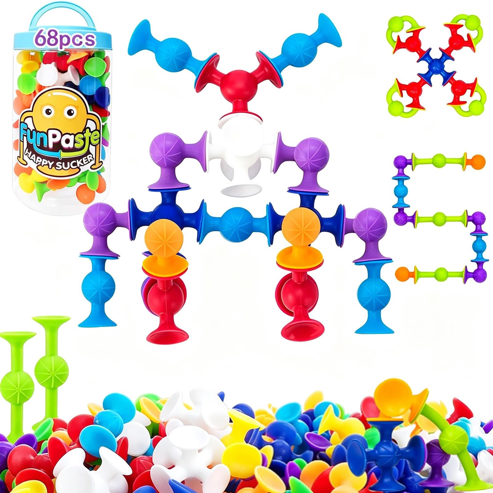 68 Piece Suction Cup Toys Bath Toys, Construction Set Silicone Building Blocks Stocking Stuffers DIY Blocks Sucker Toy Bathtub Toys, Sensory Toy for Toddlers 3-8 Year Old Boys Girls