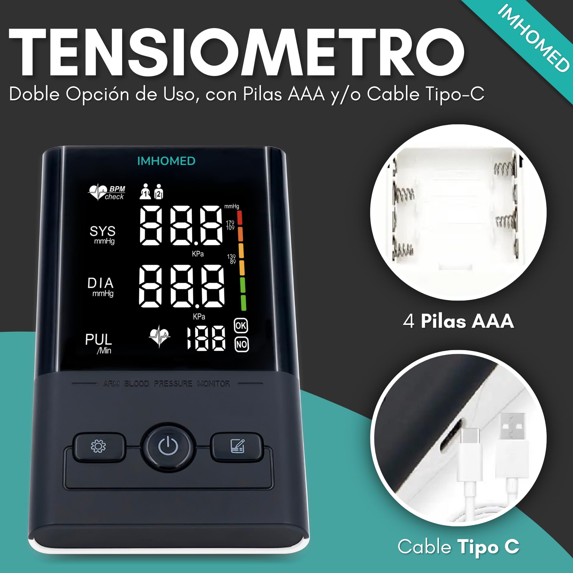 Tensiometro de Brazo Digital+Termometro Digital PACK PREMIUM, Uso Médico Validado, Doble Alimentación USB-C, Voz en Español, Pantalla HD, Medición Precisa Presión Arterial y Temperatura.