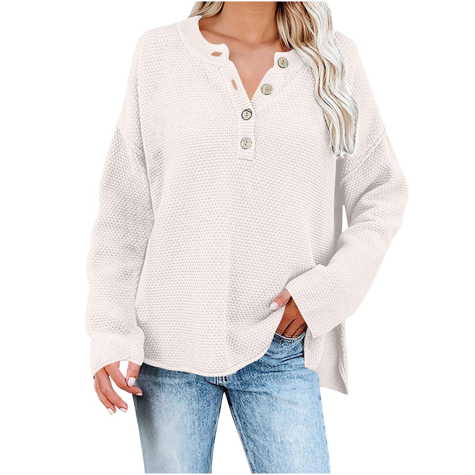 Womens Long Sleeve Henley Shirts Button Fall Lightweight Business Casual Sweaters Solid Color Fashion Dressy Blouse