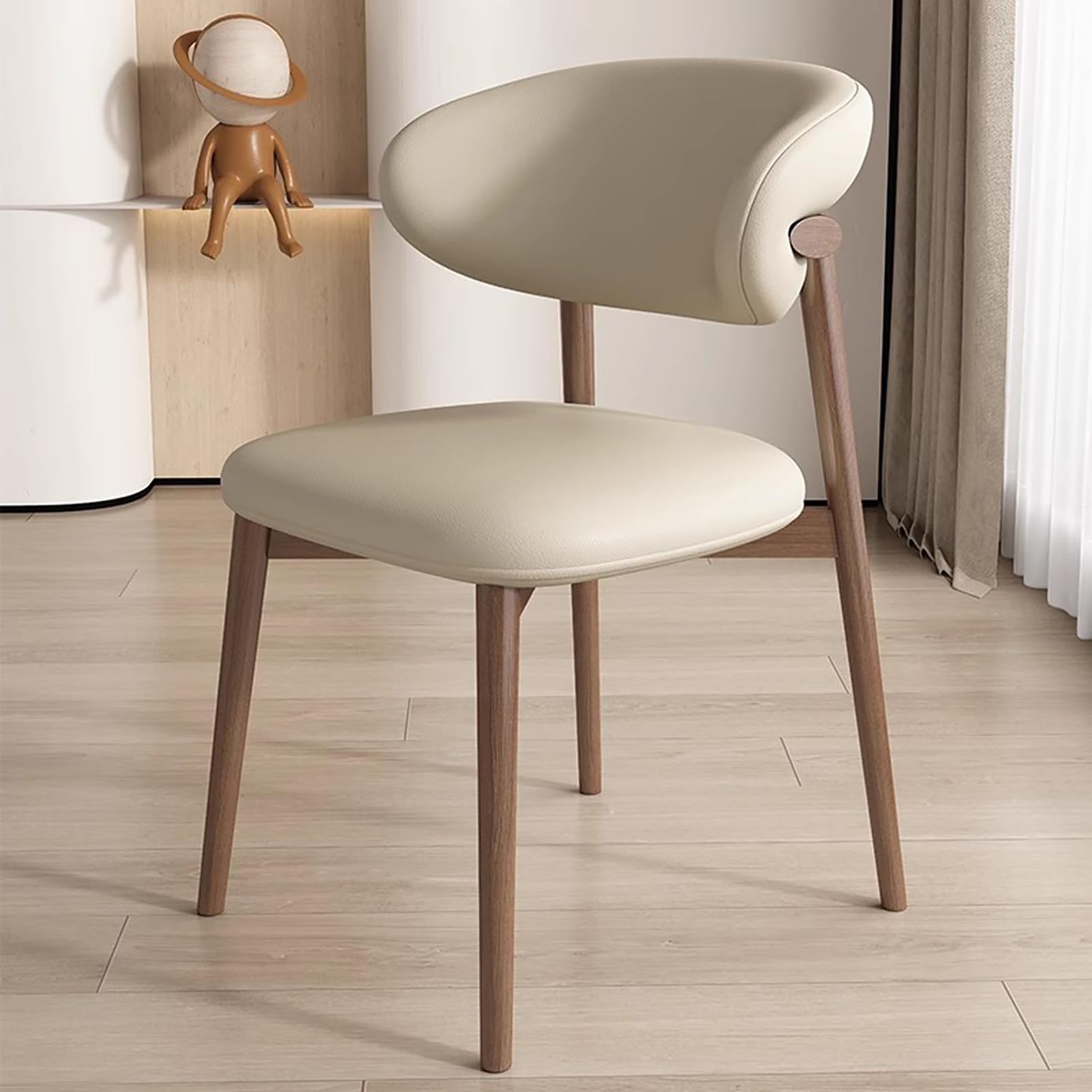 Farmhouse Walnut Wood Dining Chairs with Leather Upholstery and Curved Backrest