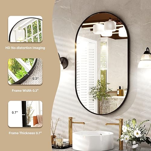 Miniatura 3 de Espejo de baño ovalado de 22 x 38 pulgadas, marco de metal cepillado elegante para colgar vertical y horizontalmente, decoración moderna perfecta