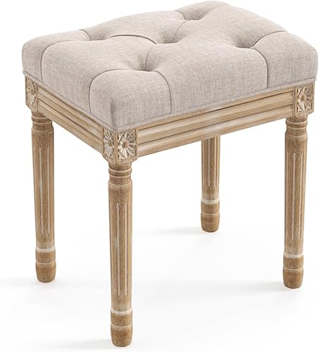 LUE BONA Silla de tocador para sala de maquillaje, banco otomano copetudo vintage para dormitorio, taburete tapizado de tela cuadrada para tocador,
