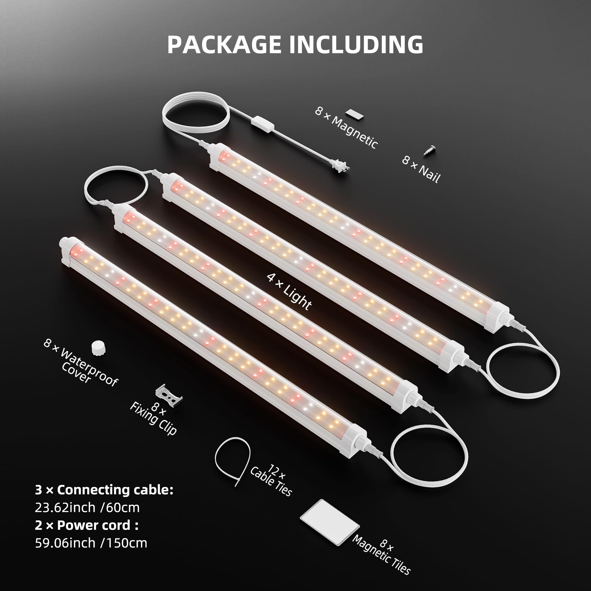 Spider Farmer Pflanzenlampe LED Vollspektrum(3000K+5000K+660nm), 40W (4x10W,Äquivalent 200W) mit 3 Helligkeitsstufen & Verkettungsfunktion, IP65 Wasserdicht, für Zimmerpflanzen, 30.5cm Länge, 4er-Set