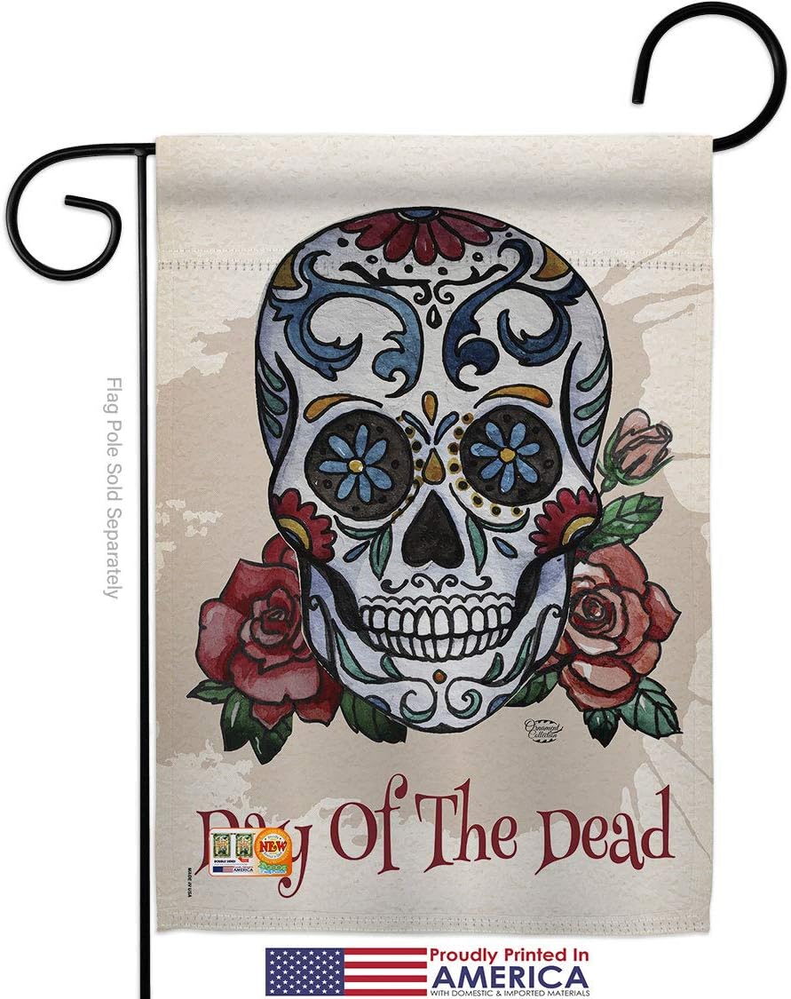 Day of the Dead Garden Flag Set Wall Holder Falltime Dia De Los Muertos Fiesta Mexican Party Autumntime Small Decorative Gift Yard House Banner Made In USA 13 X 18.5