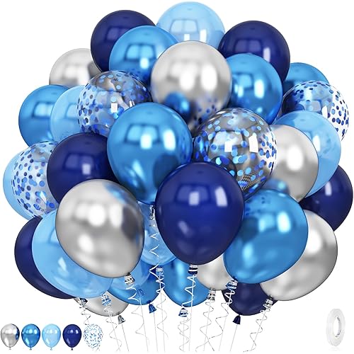 60 Pcs Blue and Silver Balloons, Navy Royal Blue Silver Party Balloons with Metallic Confetti Helium Latex Balloons for Birthday Baby Showers Fathers Day 2025 Graduation Decoration