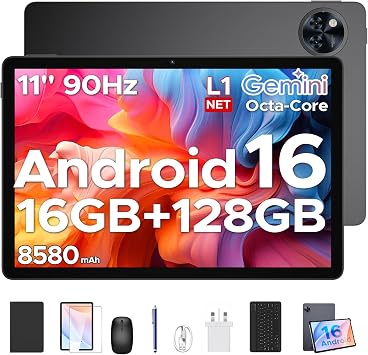 U11 Android 16 AI Tablet with Built-in Gemini, 11" 90Hz IPS Screen, 16GB+128GB Expandable 2TB, 8580mAh, Octa-Core, Face Unlock|Dual Speakers|13MP+5MP|Widevine L1, Tablet with Keyboard, Mouse&Case