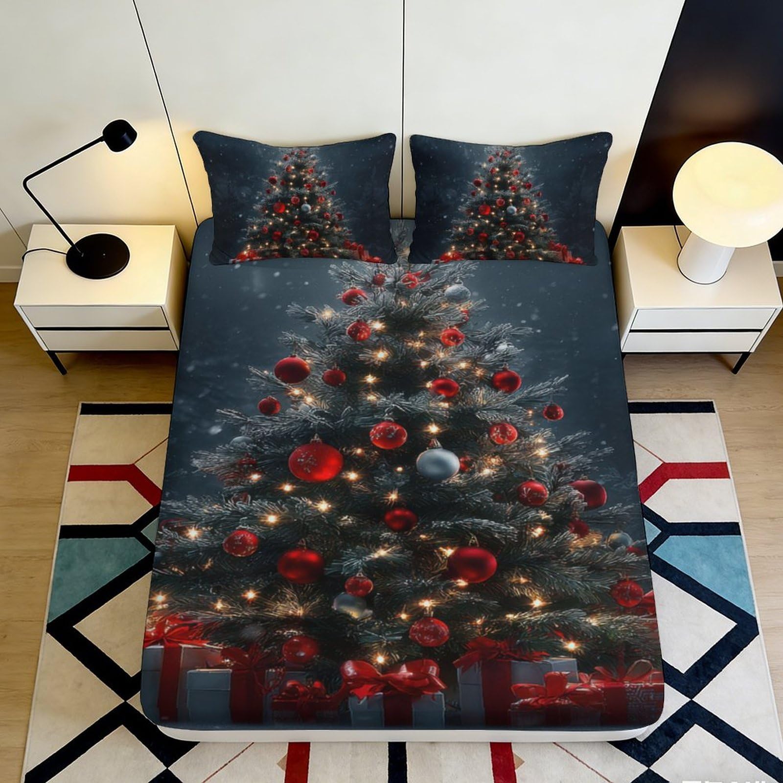 3D Printed Christmas Tree Fitted Sheet Microfiber Soft Breathable Holiday Bed Cover with Snowflakes Mattress Cover for Bedroom Dormitory Guest Room 120x200x25cm