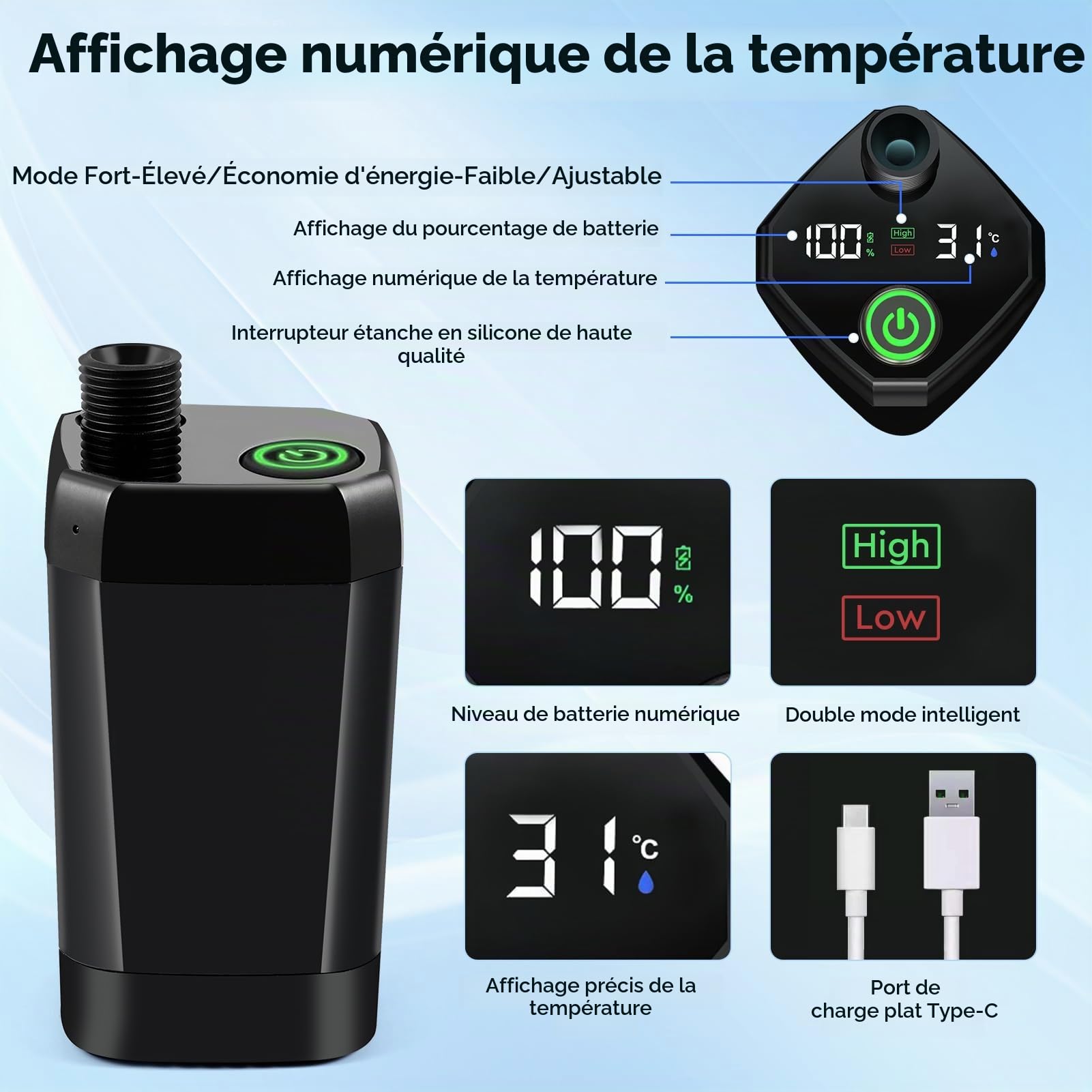 Uplayteck Douche de Camping, Kit Douche Portable 6000mAh Rechargeable avec écran LED Intelligent 3 Modes de Douche IPX7 Etanche Convient pour Extérieure, Camping, Randonnée