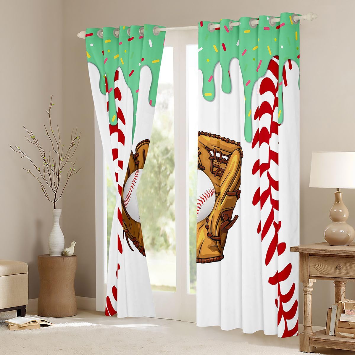 Homewish Zielone zasłony okienne z daszkiem, kremowe, 117 x 137 cm, 2 zestawy paneli – lodowe zasłony zaciemniające, rękawiczki baseballowe, dla miłośników gier, zasłony okienne, słodki deser, sporty